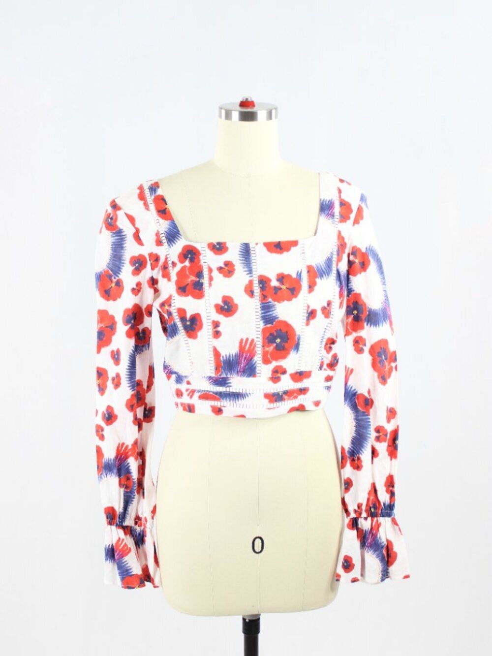 ISOLDA Floral Print Cotton Voile Embroidered Cropped Long Sleeve Blouse, Size 2